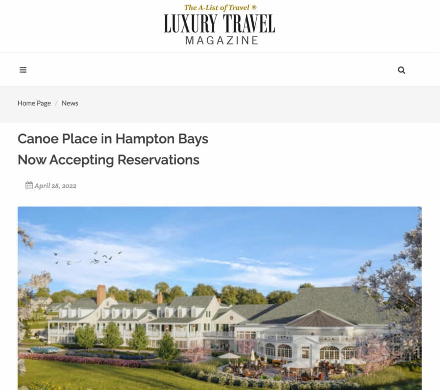 Image of recent article about the opening of Canoe Place and available reservations.